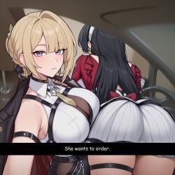 2girls ai_generated ass astra_yao black_hair blonde_hair breasts car dress english_text evelyn_chevalier female female_only looking_at_viewer meme purple_eyes selfie she_wants_to_order zenless_zone_zero