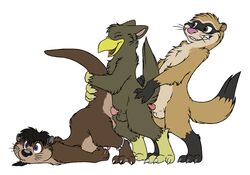 3boys aliasing anal anal_sex anatomically_correct anatomically_correct_penis animal_genitalia animal_penis anklet anthro ass_up avian balls barefoot beak closed_eyes digitigrade ferret flat_colors from_behind_position furry furry_only grin group group_sex gryphon hi_res jewelry looking_pleasured lying male mammal mizzyam mustelid mustelid_penis no_humans nude on_front open_mouth otter penetration penis sex sheath side_view simple_background soul_patch surprised threesome train_position whiskers white_background yaoi