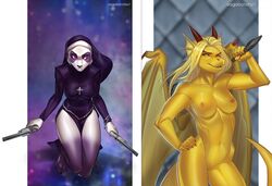 abstract_background anthro areola bear breasts clothed clothing cross dragon duo female gun handgun jewelry mammal melee_weapon navel necklace nipples nude nun panda polearm pussy ranged_weapon revolver smile spear vagabondbastard watermark weapon wings