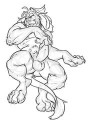 1boy alpha0 anthro balls beard claws digitigrade erection facial_hair feline hair line_art lion long_hair looking_at_viewer male male_only mammal muscular penis simple_background solo white_background