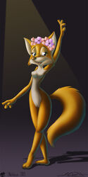 2013 anthro blue_eyes breasts canine claws disney featureless_breasts female flower fox maid_marian mammal mcdutt navel nude plant pussy raised_arm robin_hood_(disney) simple_background smile solo toe_claws