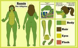 1boy 2016 4_toes alligator anthro ass balls barefoot dr_zombie english_text erection flaccid hair hi_res looking_at_viewer male male_only model_sheet nude penis ponytail reptile russie scalie simple_background solo standing text tied_hair toes yellow_eyes