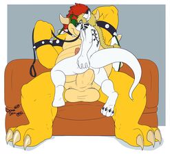 2015 2boys 3_toes 4_toes absurd_res anal anal_sex anthro balls big_balls blush border bowser claws collar color dragon duo fur grey_background hand_on_ass hi_res huge_balls huge_cock humanoid_penis koopa leash male male_only mario_(series) multiple_boys nintendo nogard_krad_nox nude penetration penis scalie signature simple_background sitting size_difference soraawoolf spiked_collar tight_fit toe_claws toes video_games white_border white_fur yaoi yellow_skin