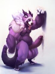 1boy anthro balls bento_(suck_mcjones) biceps big_balls big_penis binturong claws cum erection full-length_portrait full_length fur huge_balls huge_cock humanoid_penis male male_only muscular navel nipples nude orgasm pecs penis portrait purple_eyes purple_fur slightly_chubby solo standing suck_mcjones teeth thick_penis toe_claws tongue uncut vein whiskers