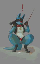 1boy animal_genitalia animal_penis anthro balls blue_fur canine canine_penis collar cum erection fur leash lucario male male_only mammal newd nintendo nude open_mouth penis pokemon pokemon_(species) red_eyes simple_background solo spikes video_games