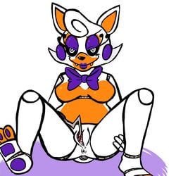 animatronic anthro anus bedroom_eyes bow_tie breasts canine eyeshadow fangs female five_nights_at_freddy's five_nights_at_freddy's_world fox half-closed_eyes hook_hand inkyfrog lipstick lolbit_(fnaf) looking_at_viewer machine makeup mammal presenting pussy pussy_juice robot seductive smirk solo spreading video_games