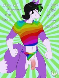 anthro athletic balls black_hair bottomless canine eldiman english_text flaccid fox fur furry green_hair grin highres long_penis male male_only mammal nude penis penis_through_leghole pubic_hair purple_fur rainbow red_eyes shirt smile solo text tight_clothing tokami uncut underwear underwear_aside wolf