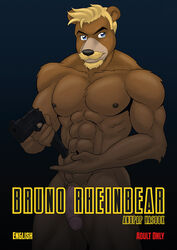 1boy 2014 animal_genitalia anthro anupap balls bear big_muscles black_nose blonde_hair blue_eyes brown_fur bruno_rheinbear canine comic cover fur gun hair handgun humanoid_penis male male_only mammal muscular nude pecs penis pistol portrait ranged_weapon scales scalie simple_background solo standing weapon yellow_beard