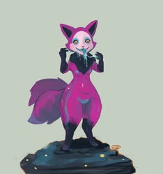 2016 anthro breasts canine creepy drooling female fox fur looking_at_viewer mammal monster multi_tail navel newd nightmare_fuel open_mouth pink_fur saliva sharp_teeth solo teeth telemonster tongue tongue_out tuft yossi