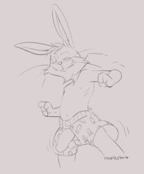 1boy anthro blackjack_o'hare boxers flaccid highres lagomorph leaning line_art low-angle_view male male_only mammal mewdles monochrome motion_lines nipples penis penis_through_fly poking_out rabbit signature sketch solo swinging_penis topless underwear whiskers