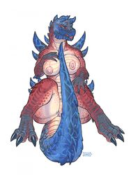 2016 anthro autotailjob blue_eyes breasts brute_wyvern capcom claws dinovaldo female glavenus hand_on_breast hi_res iggi looking_at_viewer marker_(artwork) masturbation monster_hunter nipples nude signature simple_background solo spots tail_masturbation toe_claws traditional_media_(artwork) video_games white_background