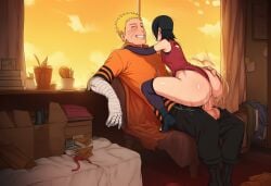 1boy 1girls age_difference ai_generated black_footwear black_gloves black_hair blonde_hair boruto:_naruto_next_generations chair cheating cheating_husband closed_eyes clothes_lift cuddling dated elbow_gloves female fingerless_gloves forehead_protector glasses gloves hand_on_another's_shoulder highres male naruto naruto_(series) older_male_and_younger_female red-framed_eyewear red_headwear sandals sarada_uchiha shirt_lift short_hair sitting sitting_on_person smile straddling swivel_chair teeth toes uchiha_sarada uncensored uzumaki_naruto