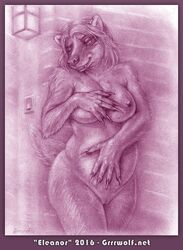 2016 anthro badger breasts covering female furry grrrwolf looking_at_viewer mammal mustelid nude one_eye_closed pregnant pussy sketch solo