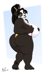 2016 absurd_res anthro armor ass barbarian bear big_breasts big_butt bikini black_eyes black_fur black_hair breasts claws clothed clothing eyebrows female fur hair hi_res huge_breasts huge_butt ikusame jklind looking_at_viewer mammal navel nipples obese overweight panda pandaren simple_background skimpy solo spreading swimsuit thick_thighs video_games warcraft white_sclera wide_hips