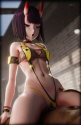 1boy 1girls 3d belly_button cosplay cowgirl_position cum cum_in_pussy cum_inside dark-skinned_male dark_skin dkclaude3d elegg_(boom_and_shock)_(nikke)_(cosplay) fate/grand_order fate_(series) female game_controller_print goddess_of_victory:_nikke heart_cutout horns indoors light-skinned_female light_skin monster_girl one-piece_swimsuit oni oni_female oni_horns open_mouth penetration penis petite purple_eyes purple_hair room sex shuten_douji_(fate) slingshot_swimsuit swimsuit vaginal_penetration yellow_one-piece_swimsuit yellow_slingshot_swimsuit