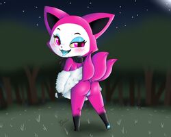 anthro bioluminescence canine cute female fluffy_tail fox fur furry_tail glowing mammal monster multi_tail multiple_tails nekostar open_mouth pink_fur presenting pussy solo tail telemonster tongue tongue_out yossi