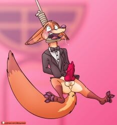animal_genitalia animal_penis anthro anus asphyxiation balls blush bodily_fluids bottomless bottomless_anthro bottomless_male bound bow_tie canid canine canine_genitalia canine_penis canis clothed clothing digital_media_(artwork) disney dizzyvixen erection execution feet fox fur genitals hands_tied hands_tied_behind_back hanged hi_res imminent_death knot male mammal nick_wilde noose open_mouth pawpads penis red_fox rope saliva saliva_string simple_background snuff solo spread_legs spreading suit tail tears teeth toes tongue tongue_out topwear true_fox vein veiny_penis zootopia