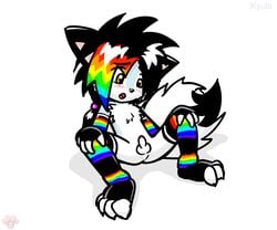 anthro balls canine confused cub erection fox fur gloves male mammal nude penis rainbow shocked stockings tagme twotails white_fur