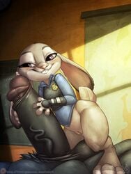 1boy 1girls anthro anthro_on_anthro atryl blush chief_bogo clothing disney female handjob huge_cock judy_hopps lagomorph male mammal penis pussy rabbit size_difference straight tagme zootopia