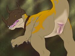 1girls anus ceratosaur ceratosaurid ceratosaurus collar digimon digimon_adventure dinosaur female feral feral_only genderswap greymon looking_back pussy scalie solo teeth yaroul