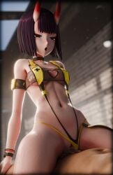 1boy 1girls 3d belly_button cosplay cowgirl_position cum cum_in_pussy cum_inside dkclaude3d elegg_(boom_and_shock)_(nikke)_(cosplay) fate/grand_order fate_(series) female game_controller_print goddess_of_victory:_nikke heart_cutout horns indoors light-skinned_female light-skinned_male light_skin monster_girl one-piece_swimsuit oni oni_female oni_horns open_mouth penetration penis petite purple_eyes purple_hair room sex shuten_douji_(fate) slingshot_swimsuit swimsuit vaginal_penetration yellow_one-piece_swimsuit yellow_slingshot_swimsuit