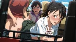 1boy 2girls ai_generated angry_expression black_hair blush bottomless car car_interior car_sex cum cum_dripping cum_inside echoanomaly female fully_clothed iwato_suzume looking_back_at_partner male moaning_in_pleasure orange_eyes pants_down plot_twist ponytail red_car red_ribbon red_t-shirt school_uniform skirt suzume_(suzume_no_tojimari) suzume_no_tojimari tamaki_(suzume_no_tojimari) thrusting_hard tomoya_(suzume_no_tojimari) watching_sex