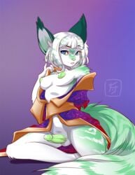 1futa anthro areolae balls blue_eyes breasts clothed clothing curvy dragonfu ear_tuft edit erect_nipples erection exposed eyelashes feline fur furry futa_only futanari green_fur green_highlights green_nipples green_nose green_penis hair humanoid_penis intersex japanese_clothing kimono looking_at_viewer mammal medium_breasts minxen multicolored_hair nipples no_bra no_panties partially_clothed penis penis_out pinup pose rabiah seductive sitting smile solo stripes tuft two_tone_hair undressing white_fur white_hair yellow_sclera yokozuwari