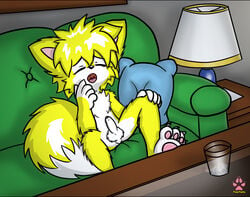 anthro balls chibi couch erection male penis relaxing twotails yawn yellow_fur