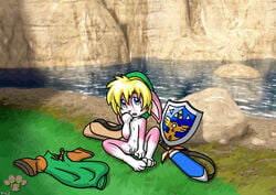 1boy a_link_to_the_past anthro chibi cute lake link link_(rabbit_form) male male_only nude penis rabbit rock shield shy solo sword testicles the_legend_of_zelda twotails weapon