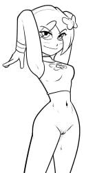 1girls belly_button black_and_white boob_window bottomless breasts butterfly_(planetronika) butterfly_hair_ornament choker cleavage cleavage_cutout drawfag eyebrows_visible_through_hair eyes_visible_through_hair female female_focus female_only hair_ornament hairclip half-dressed half_naked halterneck line_art looking_at_viewer midriff navel planetronika pussy shirt smile smiling solo solo_female sweat sweatdrop sweating thighs three-quarter_portrait tummy