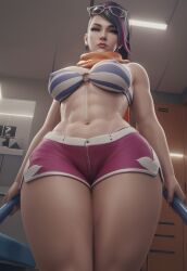 1girls 3d abs ai_generated big_breasts bikini_top breasts female female_focus female_only fiora_laurent generalbutch_(style) huge_breasts league_of_legends looking_at_viewer multicolored_hair nipples ponytail scarf shorts sodaglow_artist solo sunglasses swimsuit thick_thighs undercut