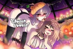 big_breasts biting biting_ear black_eyes blonde_hair blush brown_hair censored censored_pumpkin_stem chosenvowels die_meeries evil_grin grey_hair hungry lesbian_couple lesbian_sex petit_four_(die_meeries) princess pumpkin_(die_meeries) pumpkin_hat red_eyes see-through_clothing spooky tongue_out underwear visible_nipples yuri