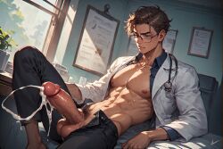 ai ai_generated alone balls blush blushing_at_viewer blushing_male cock covered_in_cum cum dick doctor fit flexing gay male masculine muscular muscular_male night orgasm perfect_cock solo solo_male