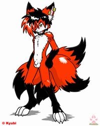 anthro balls black_fur blush canine digitigrade emo fox fur male mammal markings navel nude penis red_fur sheath shiny shy slender tagme tattoo twotails