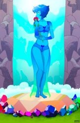 2021 art_reference artist_name avianaress birth_of_venus blue_body blue_eyes blue_hair blue_lingerie blue_skin cartoon_network dated dress gem_(species) lapis_lazuli_(steven_universe) nipples_visible_through_clothing rose steven_universe veil water waterfall