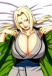 1girls accuratemanga ai_generated big_breasts blonde_hair blush breasts breasts_bigger_than_head brown_eyes bursting_breasts clothing cowboy_shot female female_only flashing flashing_breasts haori highres huge_breasts kimono large_breasts lipstick lying_on_back lying_on_bed makeup manga_style mature mature_female milf naruto naruto_(classic) naruto_(series) naruto_shippuden nipples no_bra no_panties open_clothes oppai presenting presenting_breasts sagging_breasts showing_breasts sweat sweatdrop tsunade undressing voluptuous voluptuous_female wafuku wide_hips wide_sleeves