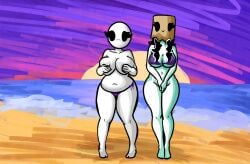 2girls bald bald_female beach belly belly_button black_eyes black_hair breasts chetoh chubby chubby_female claire_(chetoh) cleavage commission commissioner_upload covering covering_breasts covering_nipples covering_pussy egg embarrassed embarrassed_female female female_only hair hands_over_breasts hands_over_crotch oc original original_character original_characters painted_background paper_bag paper_bag_on_head purple_bikini purple_bikini_bottom purple_bikini_top rose_(chetoh) sand sharing_bikini sharing_clothes smile sunset water white_body