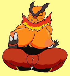 2016 anthro areola bashful big_breasts blush boar breasts embarrassed emboar erect_nipples female fire fur hi_res huge_breasts hyper mammal mr.under nintendo nipples nude pig pokémon_(species) pokemon porcine puffy pussy simple_background slightly_chubby smile solo thick_thighs video_games wide_hips yellow_background