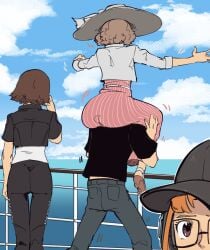 1boy 3girls ass atlus big_ass clothed clothed_female clothing dumpy female flat_ass haru_okumura immisterplow makoto_niijima male mrplow34 persona persona_5 ren_amamiya sakura_futaba short_hair summer_uniform sun_hat