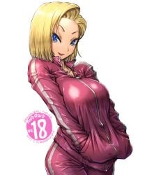 1girls amania_orz android android_18 breasts_between_arms breasts_together dragon_ball dragon_ball_z huge_breasts jacket no_bra solo squeezing_breast squeezing_breasts_together tagme track_jacket track_pants track_suit