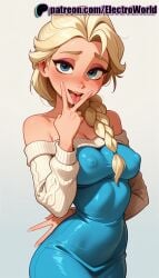 1girls 2025 ai_generated artist_name bare_shoulders blonde_hair blue_eyes blush braid breasts bust chest covered_nipples disney electroworld elsa_(frozen) fellatio_gesture female finger_to_mouth frozen_(film) gradient gradient_background hair_over_shoulder hi_res high_quality high_resolution highres licking_finger looking_at_viewer naughty_face off-shoulder_dress off-shoulder_sweater off_shoulder patreon patreon_username single_braid solo stable_diffusion tongue tongue_out v watermark