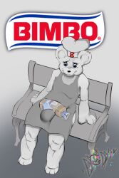 1boy anthro apron bear bimbo_(bakery) bimbo_bear bread bulge bulge_through_clothing chef_hat chubby_anthro digital_media_(artwork) disgusted doomsday_(doomsday-ent) grupo_bimbo logo park_bench self_upload sitting ursid