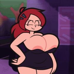 1girl 1girls animated big_breasts blush bouncing_breasts breast_squish breasts cleavage huge_breasts jinnsart nipple_slip nipples original_character pac-man_eyes ponytail red_hair smug tagme tempting_fate wide_hips