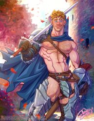 1boy armor bara big_bulge bulge cabaret_bara cabaret_bara_series cape caucasian caucasian_male cod_piece cosplay dungeons_&_dragons_at_cabaret_bara dungeons_and_dragons fighter finn_(cabaret_bara) finnigan_(dungeons_and_dragons) ginger ginger_hair hairy hairy_chest huge_bulge male male_only muscle_slut muscles muscular muscular_male skimpy skimpy_armor slutty_outfit smiling_at_viewer solo solo_male standing sword twitter_user_oc