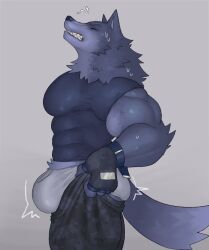 1boy anthro balls bara barazoku big_balls big_penis bulge clock closed_eyes clothing fingerless_gloves flaccid fleshformomo fue furry gay jayden_(fleshformomo) male male_only muscles muscular pants penis simple_background solo solo_male sweat sweatdrop sweating tail tight_pants_(meme) underwear wolf