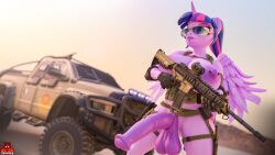 16:9 1futa 3d_(artwork) 4k absurd_res alicorn animal_genitalia animal_penis anthro areola armwear artist_logo assault_rifle balls big_breasts biped breasts casual clothed clothing digital_media_(artwork) equid equine equine_genitalia equine_penis eyewear firearm flared_penis forsaken_(artist) friendship_is_magic futanari genitals gun gynomorph hair half-erect handwear hasbro hi_res horn intersex legwear logo long_hair mammal medial_ring mostly_nude my_little_pony mythological_creature mythological_equine mythology nipple_piercing nipples nudist outside penis piercing ranged_weapon rifle saggy_balls skimpy solo sunglasses tactical_nudity twilight_sparkle_(mlp) vehicle weapon widescreen wings