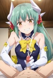 1boy 1girls ai_generated big_breasts blush breast censored clothed clothed_sex clothing cum cumshot dragon_girl ejaculation fate/grand_order fate_(series) female female_focus femdom flower flower_in_hair flowers green_hair grin handjob horns kiyohime_(fate) kiyohime_(fate/grand_order) kiyohime_(swimsuit_lancer)_(fate) long_globes long_gloves long_hair male mosaic_censoring penis pov smiling smiling_at_viewer straight swimsuit teeth white_gloves