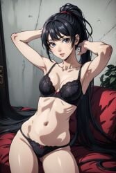 ai_generated amagi_yukiko black_hair blue blue_eyes lingerie persona persona_4 ponytail underwear