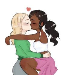 2girls black_hair blonde_hair blorb_(artist) dark_skin dress green_shirt kissing meme nice_wig_by_the_way original_character pants pink shirt tank_top twitter white_pants white_tank_top yuri