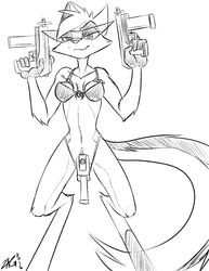 2016 anthro bra breasts clothing dreamkeepers explosives female grenade greyscale gun half-closed_eyes mammal monochrome navel portrait ranged_weapon simple_background small_breasts smile smirk solo suggestive thong three-quarter_portrait underwear viriathus weapon white_background zagura